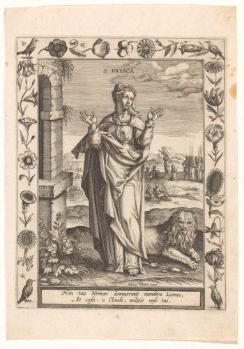 Lies about Leading Ladies: How Christianity Rewrote Women’s Authority 6 Saint Prisca and the lion, in a print by Adriaen Collaert, c. 1600
