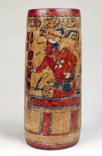 A palace scene featuring a Maya ruler seated on a throne