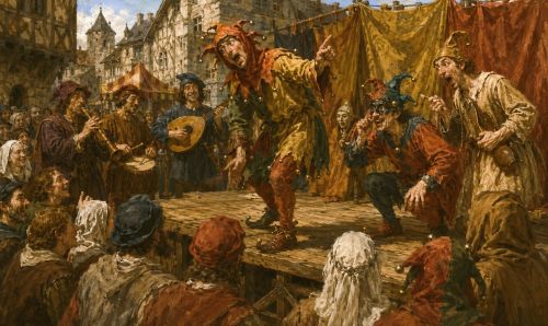 Farces and Soties: Musical and Comic Secular Theater in Medieval Europe 2 Illustration of medieval actors on a stage