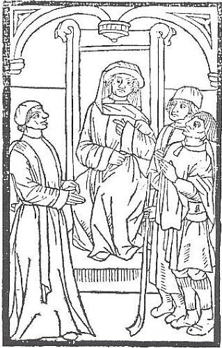 Farces and Soties: Musical and Comic Secular Theater in Medieval Europe 7 Illustration of the trial scene from La Farce de maรฎtre Pathelin