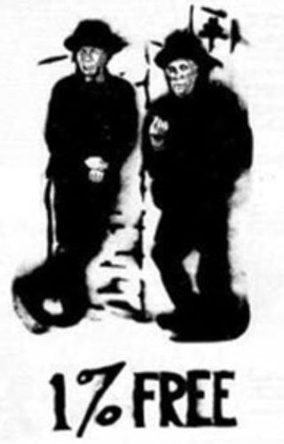 "1% Free" poster that first appeared as wall sized posters in the Winter of 1968 and became a Digger trademark for the last cycle of street events