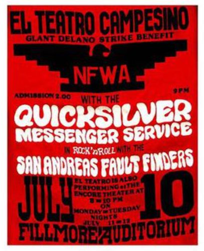 Poster for Teatro Campesino performing at a strike benefit with Quicksilver Messenger Service; July 1966