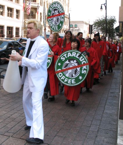 The Reverend Billy leading an anti-Starbucks protest in Austin, Texas in 2007