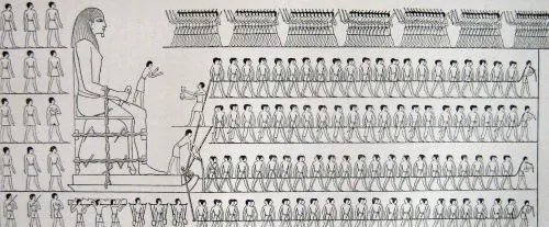 Drawing showing transportation of a colossus in ancient Egypt