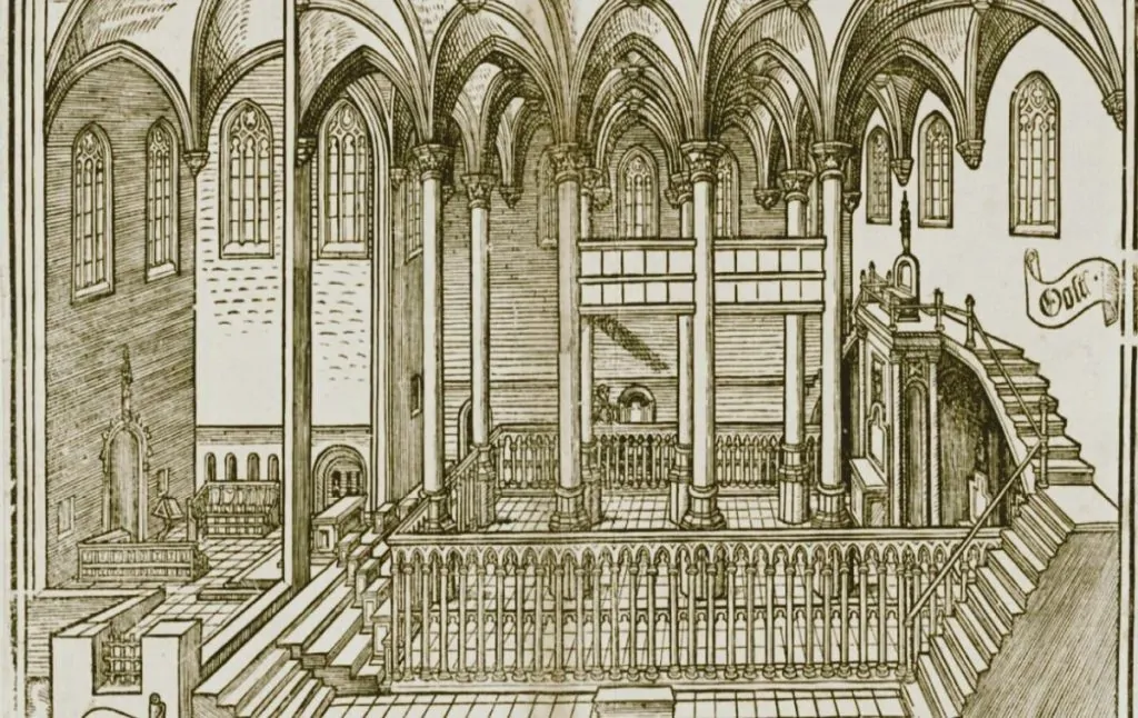 An artist’s impression of a Bridgettine church, including the elevated sisters’ choir, from a Dutch woodcut of 1500.