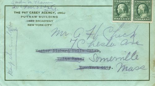 How American Vaudeville Theater (1880s to 1930s) Invented Modern Entertainment 6 A blue envelope with both addresses crossed out and rewritten with Sadie M. Fearen and Mr. A.H. Chickโs addresses