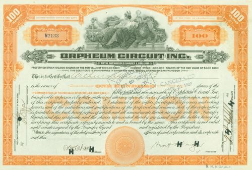How American Vaudeville Theater (1880s to 1930s) Invented Modern Entertainment 7 Share of the Orpheum Circuit Inc., issued 16 September 1921