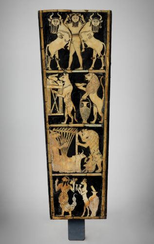 Lyre Fragment: Shell inlayed plaque found just beneath the gold bull's head in grave 789 of the Royal Cemetery at Ur