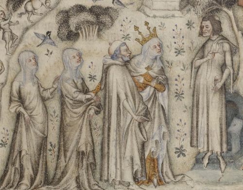 Machaut (right) receiving Nature and three of her children. From an illuminated Parisian manuscript of the 1350s