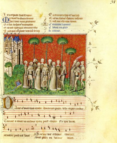 An illumination in a manuscript of Machaut's poem Le remède de fortune showing an outdoors dancing scene