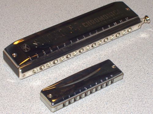 A 12-hole chromatic (top) and 10-hole diatonic harmonica (bottom)