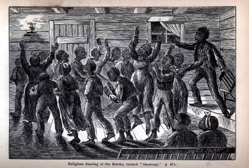 Post-emancipation African American church service with singing and "shouting"