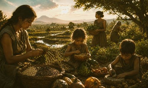 Illustration of ancient women making food