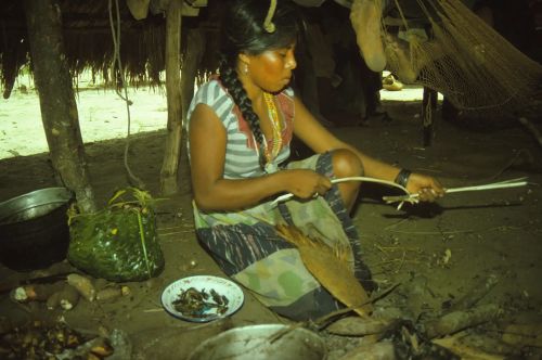 A young Pumé woman sits beside a hearth processing plant fiber