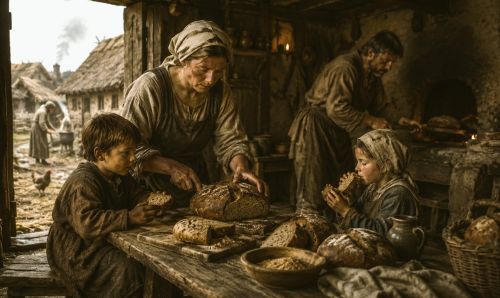 How Bread Meant Survival in the Medieval World 2 Illustration of medieval family making bread