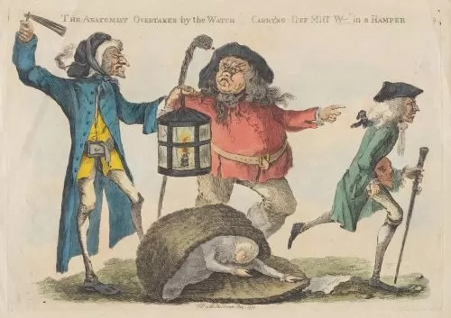 Stealing the Dead: Resurrection Men and Body Snatching in 19th-Century Britain 4 William Austin,ย The Anatomist Overtaken by the Watch in Carrying off Miss Wโ in a Hamper, 1773