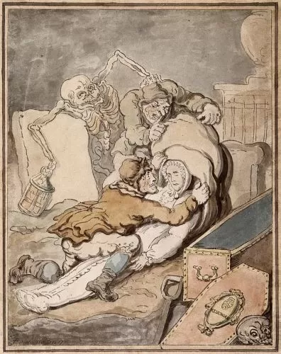 Stealing the Dead: Resurrection Men and Body Snatching in 19th-Century Britain 8 Thomas Rowlandsonโs watercolor of grave-robbers, with death pictured as a nightwatchman, 1755