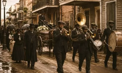 Illustration of second line New Orleans jazz funeral