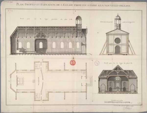 1724 plan for Saint Louis Parish Church, New Orleans, Louisiana, by Adrien de Pauger