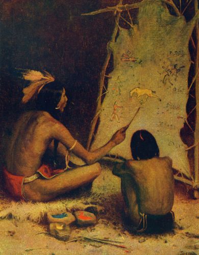 The Historian – An indigenous artist is painting in sign language, on buckskin, the story of a battle with American soldiers.