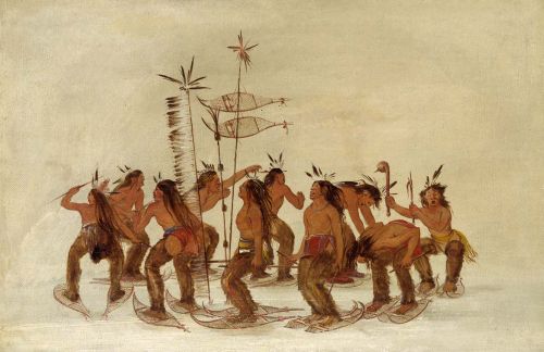 Plains Ojibwe performing a snowshoe dance, by George Catlin