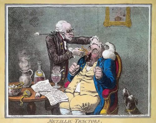 The Cure That Wasn’t: A Brief History of the Placebo Effect in Medicine 6 A quack treating a patient with Perkins Patent Tractors, by James Gillray