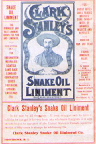In the early 20th century, it turned out that many snake oil treatments, meant to treat various aches and pains, contained no fatty substances from snakes whatsoever