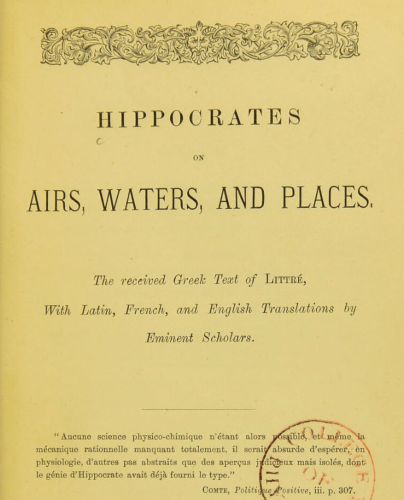Ancient Medical Charlatans: Quackery, Healing, and the Marketplace of Trust 5 Hippocrates cover page "Airs, Waters, and Places"