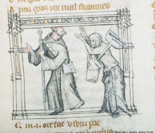Holy Roads and Hard Travel: The Medieval Pilgrim’s Dangerous Devotional Journey 7 Illustration from a medieval manuscript of two pilgrims, each with a scrip