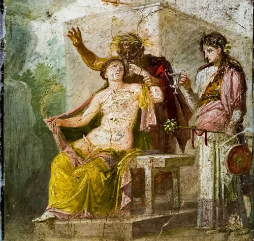 Pompeian wall painting depicting a hermaphrodite sitting, left hand raised towards an old satyr approaching from behind; a maenad or bacchant brings a love potion