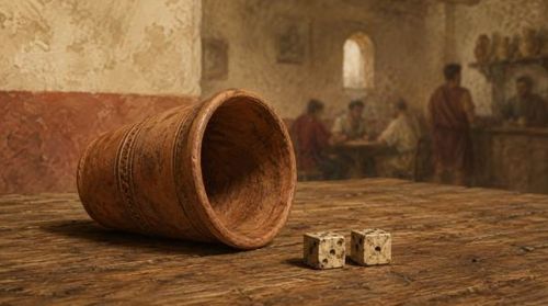 Roman dice cup on tavern table