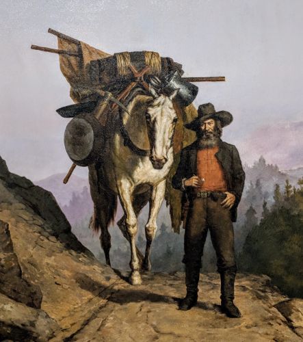 A miner with a packhorse during the California Gold Rush