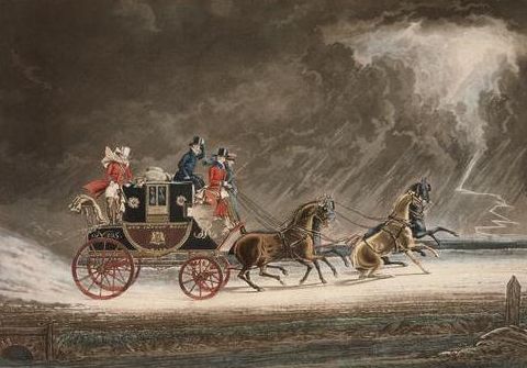 The mail coach in a thunderstorm on Newmarket Heath, Suffolk, 1827