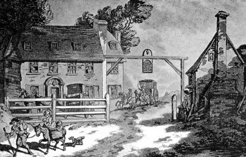 Painting of the first Cock Hotel in Sutton, Surrey by Thomas Rowlandson in 1789