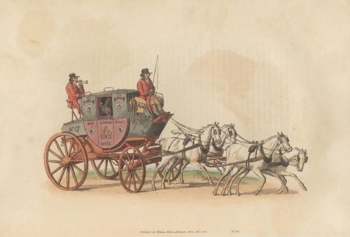 Mail coach decorated in the black and maroon Post Office livery, 1804