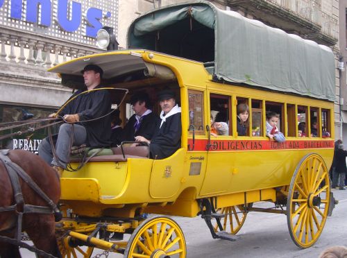Diligencia that was used between Igualada and Barcelona, Spain. A dedicated luggage deck is on the roof.