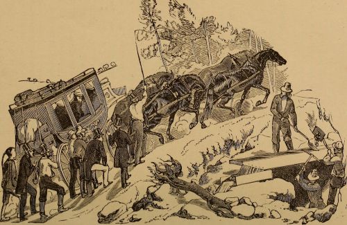 Gentlemen ordered out of the coach to lighten the load on the horses. Three put their shoulders to the back.