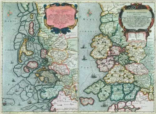 Maps of North Frisia in 1651 (left) and 1240 (right)