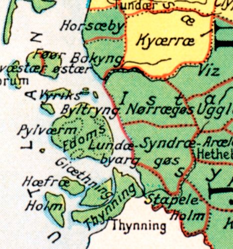 Map of North Frisian hundreds in the Middle Ages. Edoms Hundred (Edomsharde) can be seen on the island in the centre.