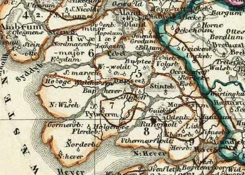 Rungholt and Strand in the Middle Ages, on a map from 1850