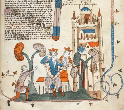 Bas-de-page scene of a king and his court, with a messenger approaching the king and queen