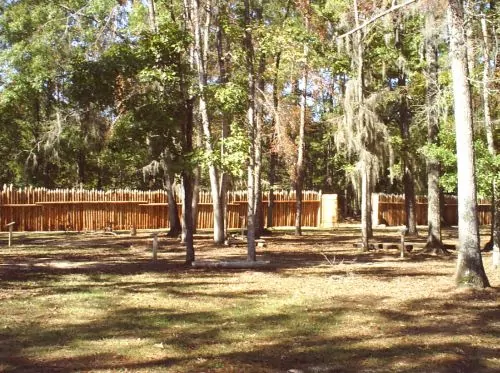 Inside the reconstructed Fort Mims, looking at the west wall and gate
