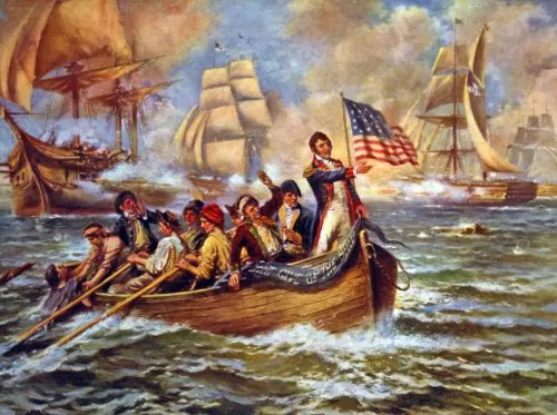 Oliver Hazard Perry (standing) after abandoning Lawrence, in a 1911 painting by Edward Percy Moran