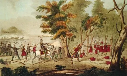 Colored lithograph depicting the death of Tecumseh at the Battle of the Thames