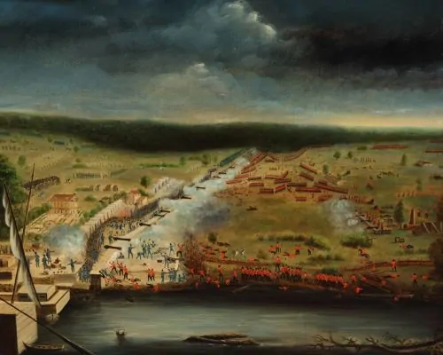 The Battle of New Orleans as painted by Jean Hyacinthe de Laclotte, a member of the Louisiana Militia, based on his sketches made at the scene