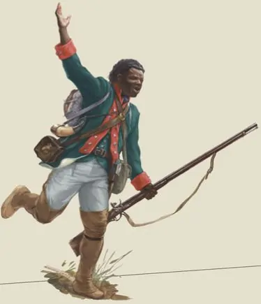 An illustration of Black Loyalist Richard Pierpoint running with a musket