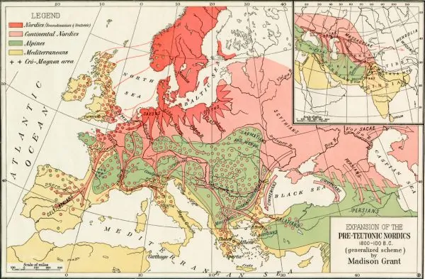 Mythology and the Two World Wars: From Ancient Heroes to Nazi Racial Myth 11 "Expansion of the Pre-Teutonic Nordics" โ map fromย The Passing of the Great Raceย byย Madison Grant