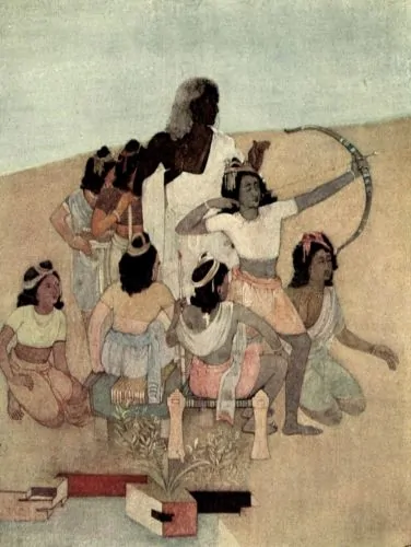 Drona teaching archery to the Kuru princes, painting by Nandalal Bose