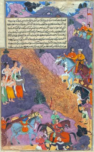 An illustration from Razmnama depicting Ashvatthama firing Narayanastra, c. 16th century
