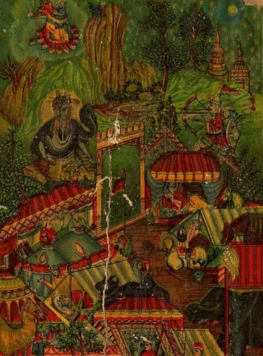 Ashvatthama propitiates Shiva (top) before making a night attack on the sleeping Pandava camp (bottom). Folio from Razmnama